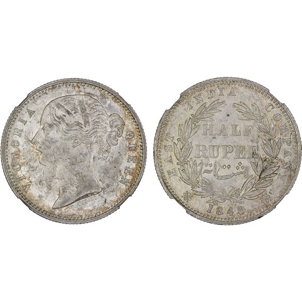 BRITISH INDIA: Victoria, Queen, 1837-1876, AR 1/2 rupee, 1840(b&c), NGC MS62