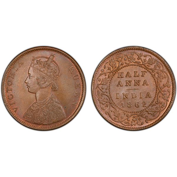 BRITISH INDIA: Victoria, Queen, 1837-1876, AE 1/2 anna, 1862(m), PCGS MS64 BN