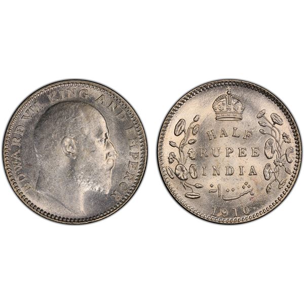 BRITISH INDIA: Edward VII, 1901-1910, AR 1/2 rupee, 1910(c), PCGS MS63