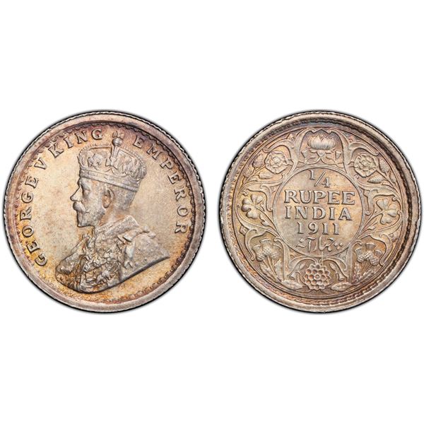 BRITISH INDIA: George V, 1910-1936, AR 1/4 rupee, 1911(c), PCGS MS65