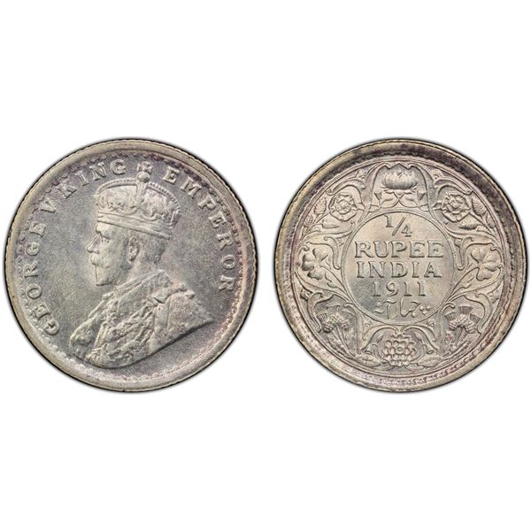 BRITISH INDIA: George V, 1910-1936, AR 1/4 rupee, 1911(c), PCGS MS63