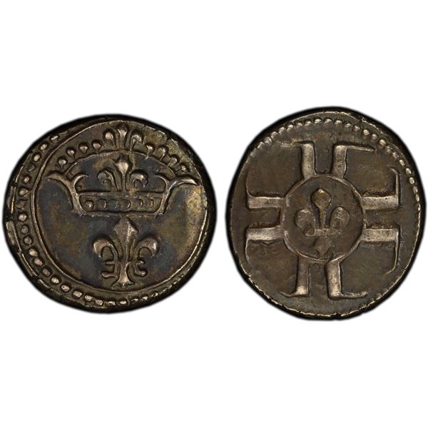 FRENCH INDIA: Louis XV, 1715-1774, AR fanon (1.71g), Pondichery, ND (1720), PCGS AU50