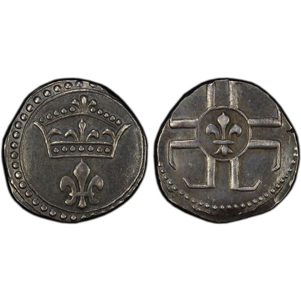 FRENCH INDIA: Louis XV, 1715-1774, AR 2 fanon (3.01g), Pondichery, ND (1720), PCGS AU55