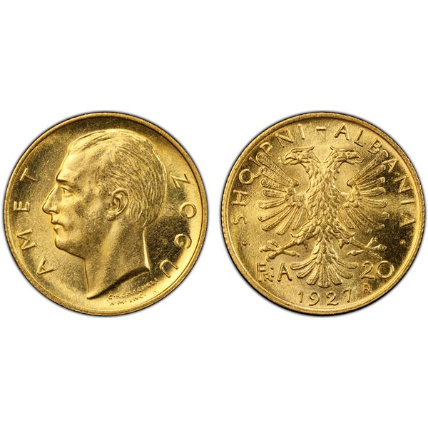 ALBANIA: First Republic, AV 20 franga ari, 1927-R, PCGS MS62