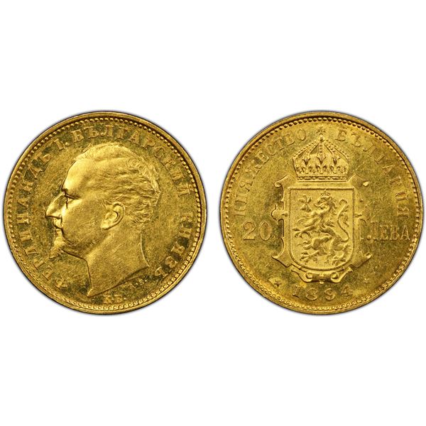 BULGARIA: Ferdinand I, 1887-1908, AV 20 leva, 1894-KB, PCGS AU58