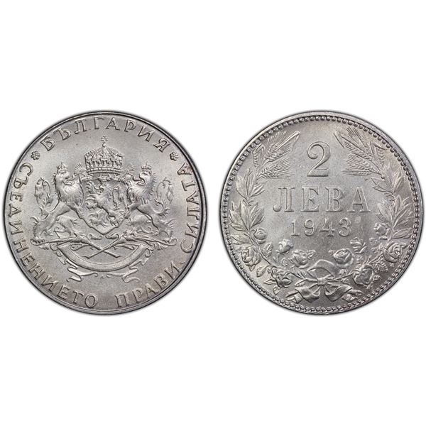 BULGARIA: Boris III, 1918-1943, 2 leva, 1943, PCGS MS65