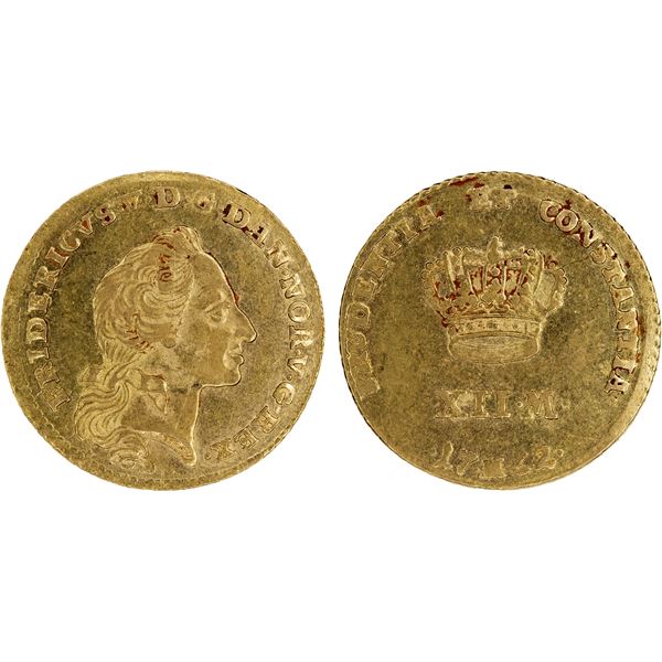 DENMARK: Frederik V, 1746-1766, AV 12 mark (ducat courant), 1762, XF