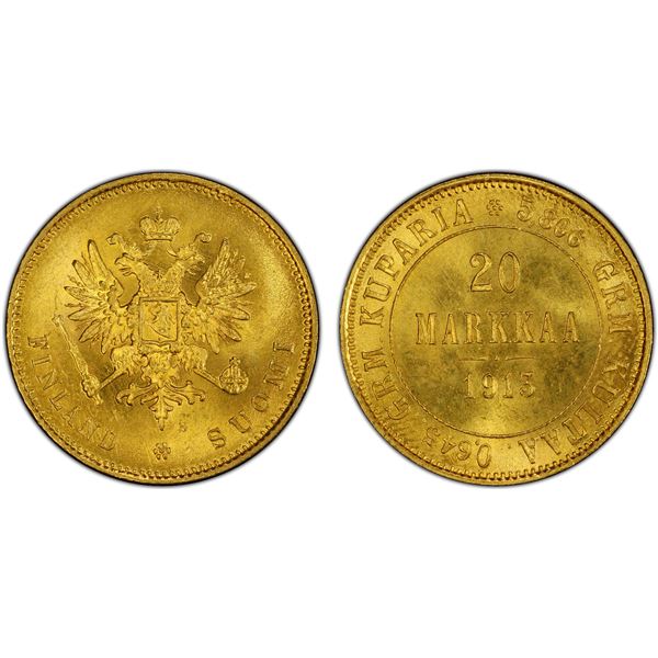 FINLAND: Nicholas II, Grand Duke, 1894-1917, AV 20 markkaa, 1913, PCGS MS65