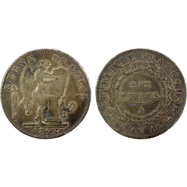 FRANCE: Constitution, AR 6 livres, 1793/AN II-A, VF-XF