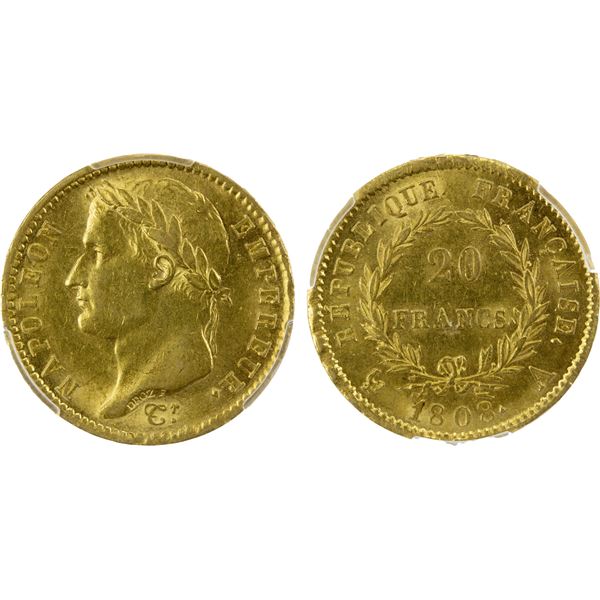 FRANCE: Napoleon I, Emperor, 1804-1814, AV 20 francs, 1808-A, PCGS AU58