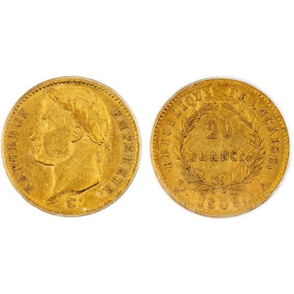 FRANCE: Napoleon I, Emperor, 1804-1814, AV 20 francs, 1808-A, PCGS AU53