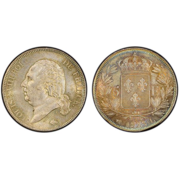 FRANCE: Louis XVIII, 1814-1824, AR 5 francs, 1823-L, PCGS MS64