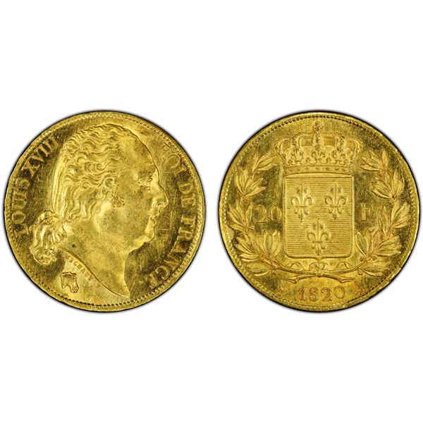 FRANCE: Louis XVIII, 1814-1824, AV 20 francs, 1820-A, PCGS MS62