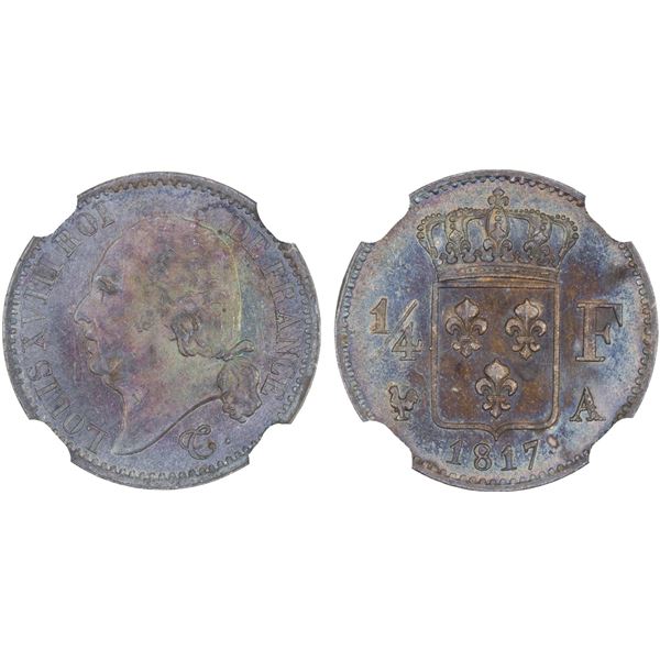 FRANCE: Louis XVIII, 1814-1824, AR 1/4 franc, 1817-A, PCGS MS65