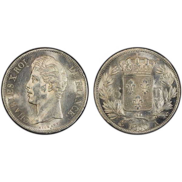 FRANCE: Charles X, 1824-1830, AR 5 francs, 1823-L, PCGS MS62