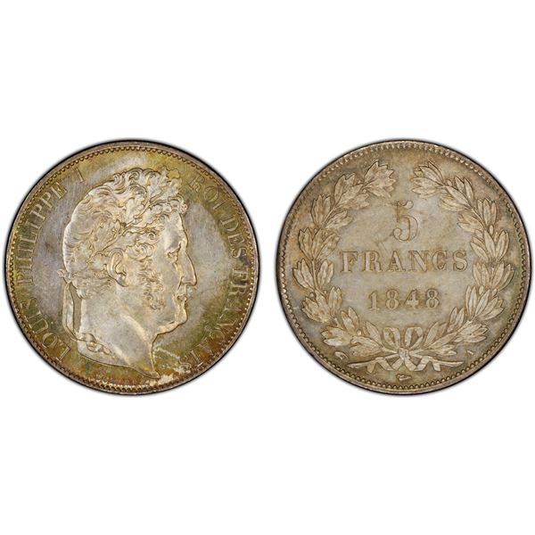 FRANCE: Louis Philippe I, 1830-1848, AR 5 francs, 1848-A, PCGS MS64