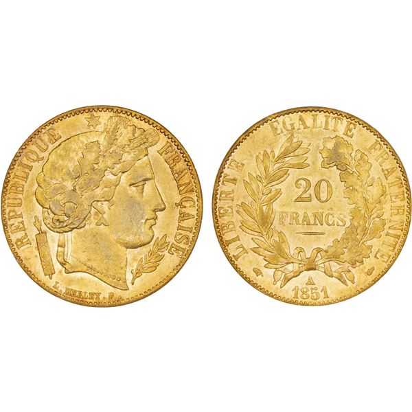 FRANCE: Second Republic, AV 20 francs, 1851-A, NGC AU53