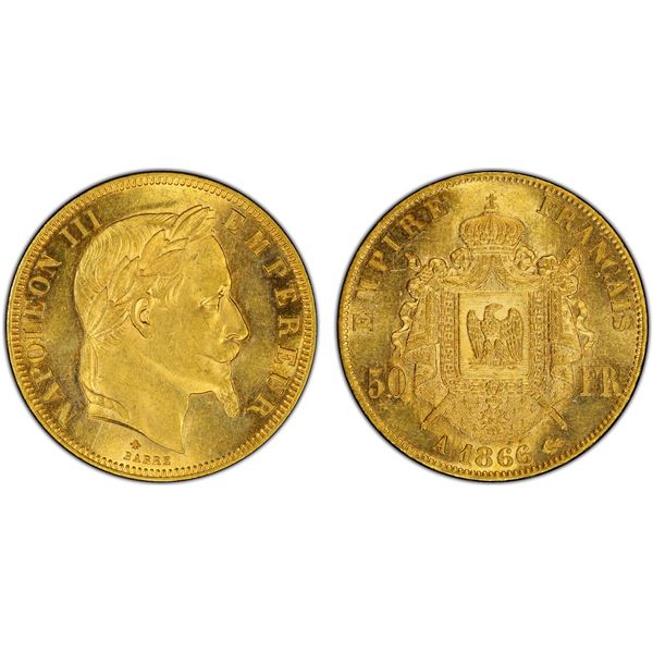 FRANCE: Napoleon III, 1852-1870, AV 50 francs, 1866-A, PCGS MS62