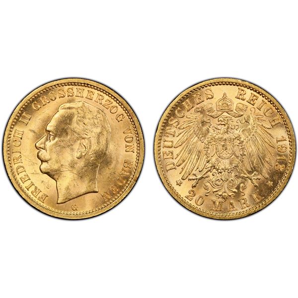 BADEN: Friedrich II, 1907-1918, AV 20 mark, 1913-G, PCGS MS63