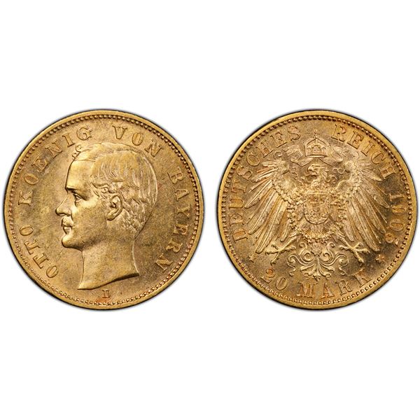 BAVARIA: Otto, 1886-1913, AV 20 mark, 1905-D, PCGS MS62