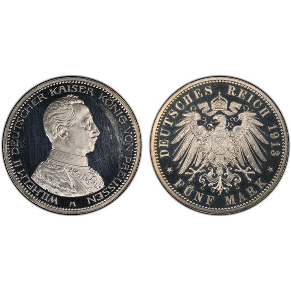 PRUSSIA: Wilhelm II, 1888-1918, AR 5 mark, 1913-A, PCGS Proof 62 CAM
