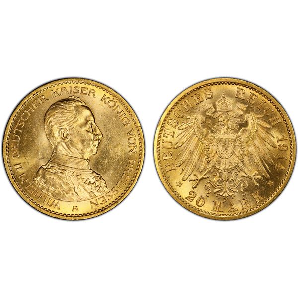 PRUSSIA: Wilhelm II, 1888-1918, AV 20 mark, 1914-A, PCGS MS63