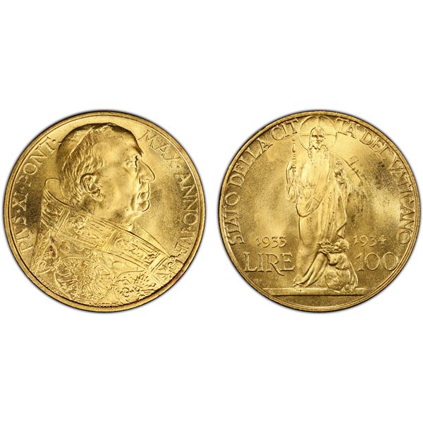 VATICAN: Pius XI, 1922-1939, AV 100 lire, 1933/1934, PCGS MS65