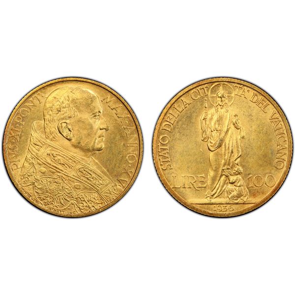 VATICAN: Pius XI, 1922-1937, AV 100 lire, 1936 year XV, PCGS MS64
