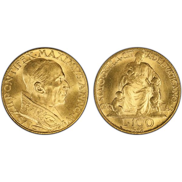 VATICAN: Pius XII, 1939-1958, AV 100 lire, 1942 year IV, PCGS MS65