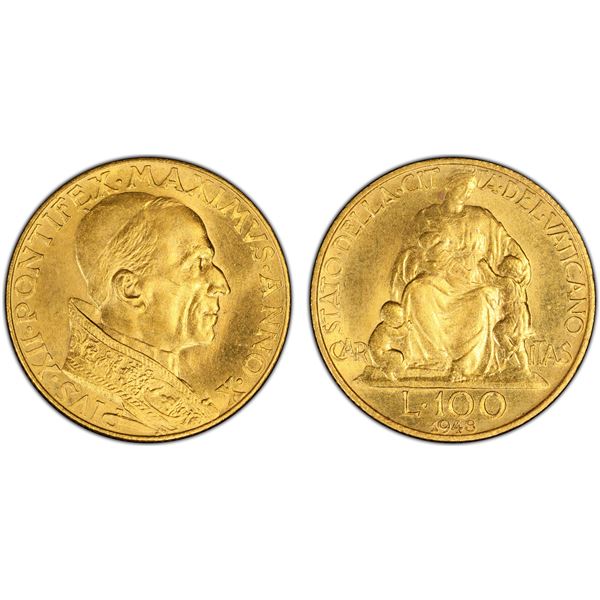 VATICAN: Pius XII, 1939-1958, AV 100 lire, 1948 year X, PCGS MS66