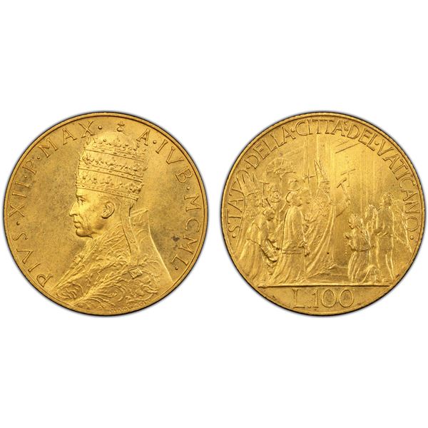 VATICAN: Pius XII, 1939-1958, AV 100 lire, 1950, PCGS MS65 +