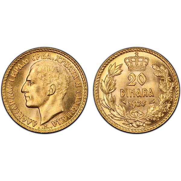 YUGOSLAVIA: Alexander I, 1921-1934, AV 20 dinara, 1925, PCGS MS65