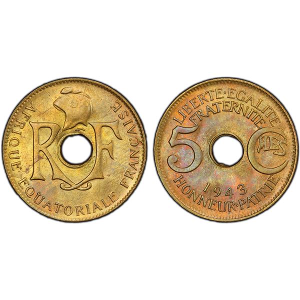 FRENCH EQUATORIAL AFRICA: French Colony, 5 centimes, 1943, PCGS MS64