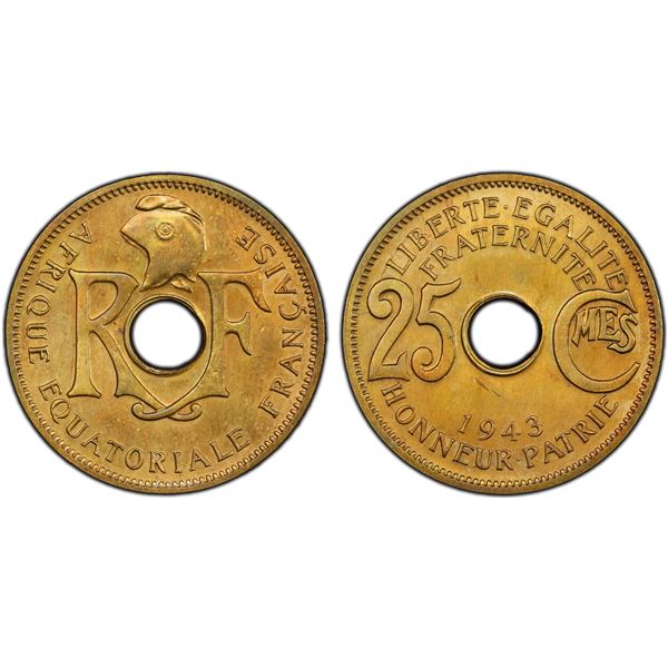 FRENCH EQUATORIAL AFRICA: French Colony, 25 centimes, 1943, PCGS UNC Details