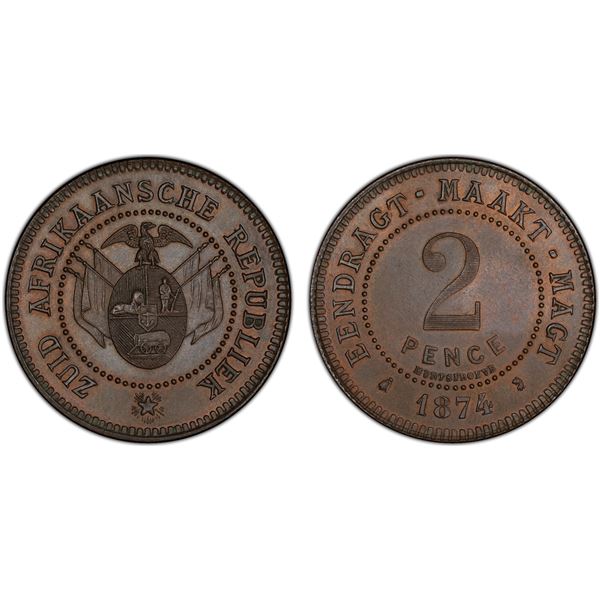 SOUTH AFRICA: Zuid Afrikaansche Republiek, AR 2 pence, 1874, PCGS MS64 BN
