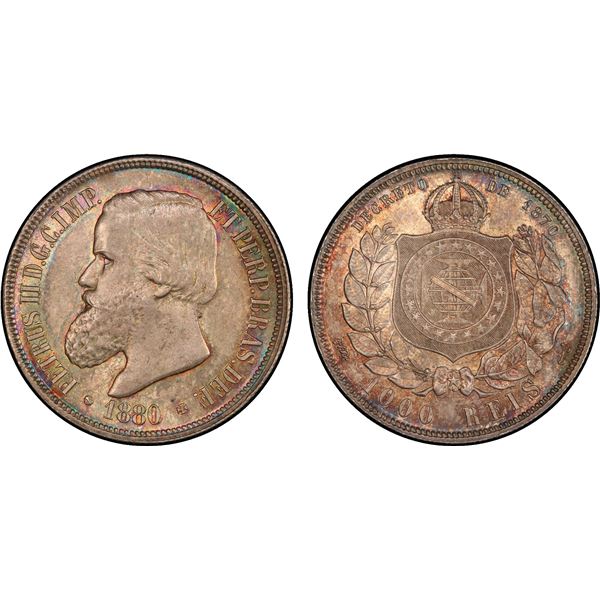 BRAZIL: Pedro II, 1831-1889, AR 1000 reis, 1880/6, PCGS MS64