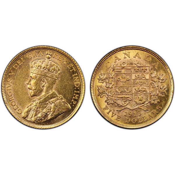 CANADA: George V, 1910-1936, AV 5 dollars, 1913, PCGS AU58