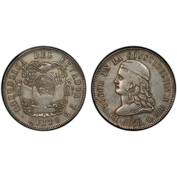 ECUADOR: Republic, AR 5 francos, Quito, 1858, PCGS AU53