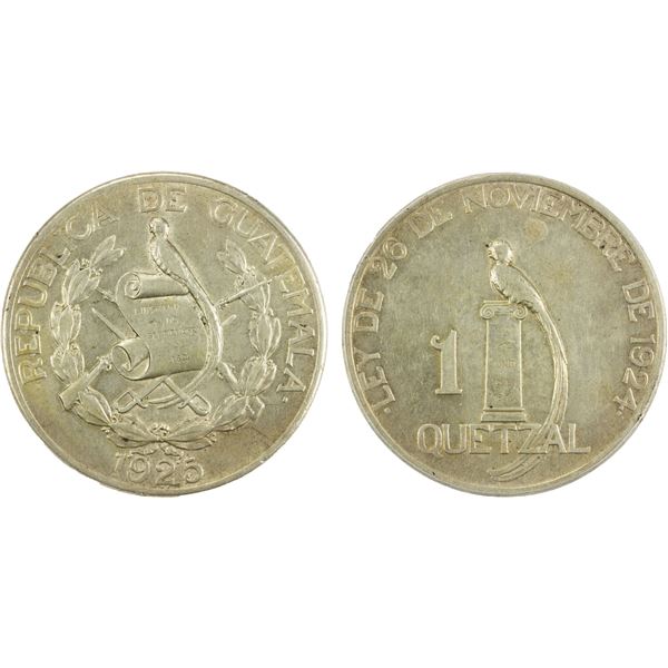 GUATEMALA: Republic, AR quetzal, 1925, PCGS AU53