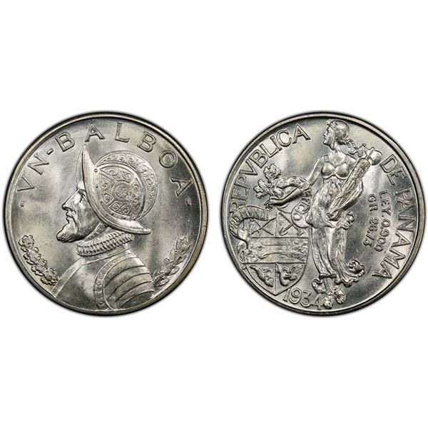 PANAMA: Republic, AR balboa, 1934, PCGS MS66