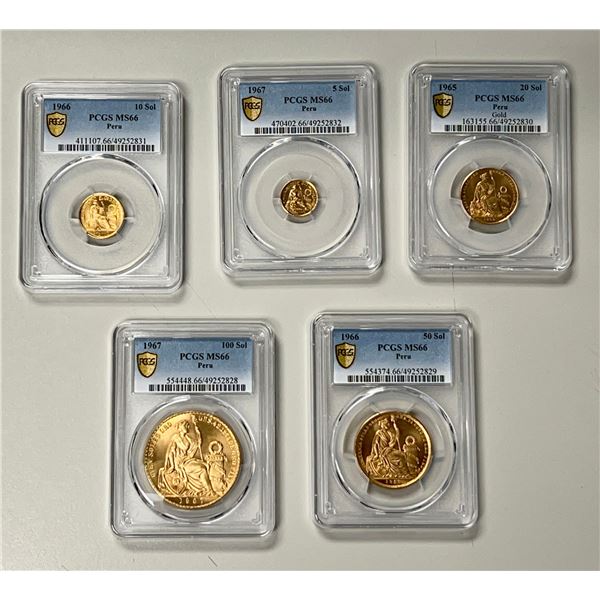 PERU: Republic, 5-coin gold set, 1965-67