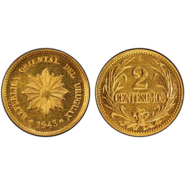 URUGUAY: Republic, AV 2 centesimos (6.76g), 1943-So, PCGS Specimen 64