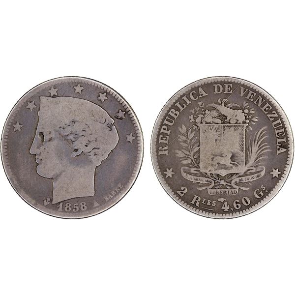 VENEZUELA: Republic, AR 2 reales, 1858, VG-F