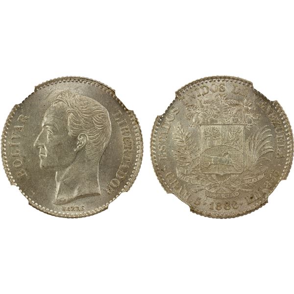 VENEZUELA: Republic, AR bolivar, 1886, NGC MS63