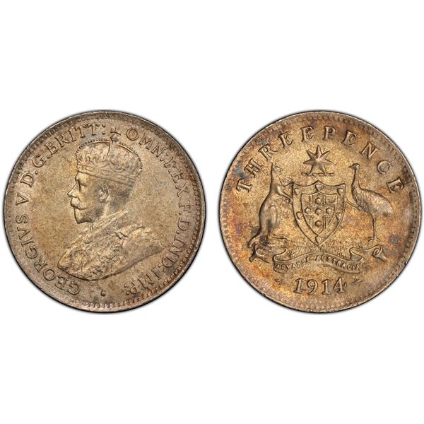 AUSTRALIA: George V, 1910-1936, AR 3 pence, 1914, PCGS MS62