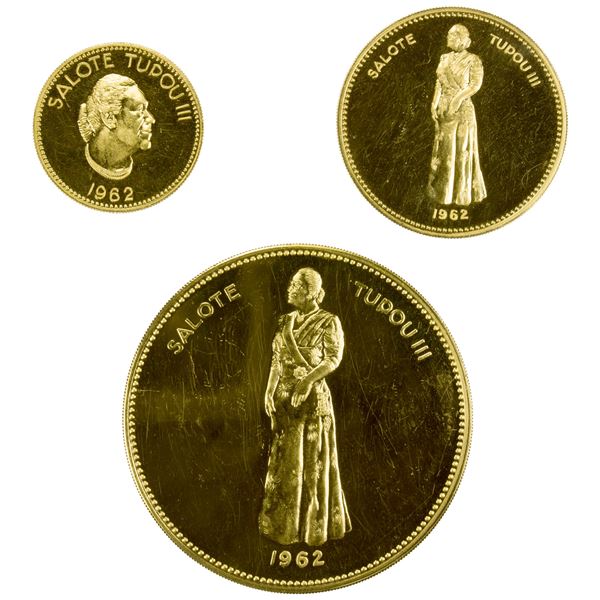 TONGA: Queen Salote, 1918-1965, 3-piece gold proof set, 1962