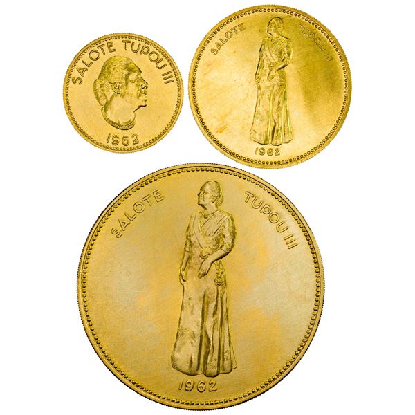 TONGA: Queen Salote, 1918-1965, 3-piece gold mint set, 1962