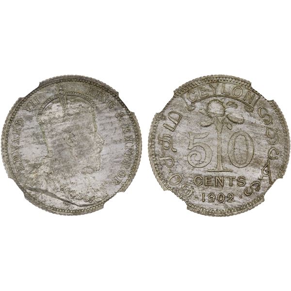 CEYLON: Edward VII, 1901-1910, AR 50 cents, 1902, NGC MS64