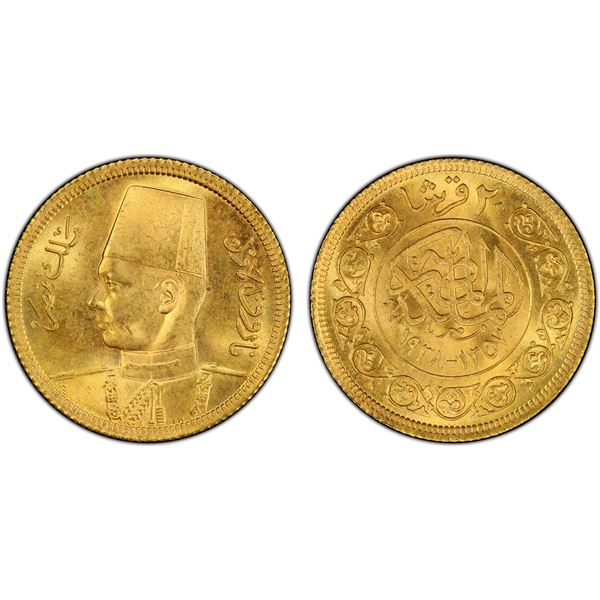 EGYPT: Farouk, 1936-1952, AV 20 piastres, 1938/AH1357, PCGS MS66