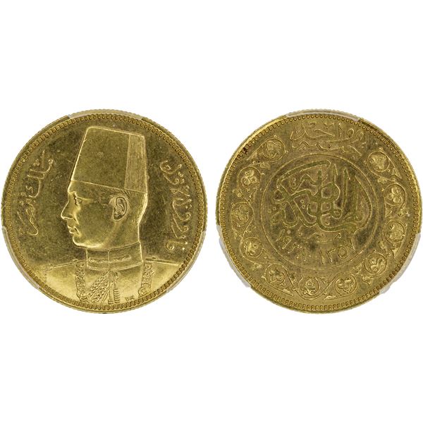 EGYPT: Farouk, 1936-1952, AV 100 piastres, 1938/AH1357, PCGS AU58